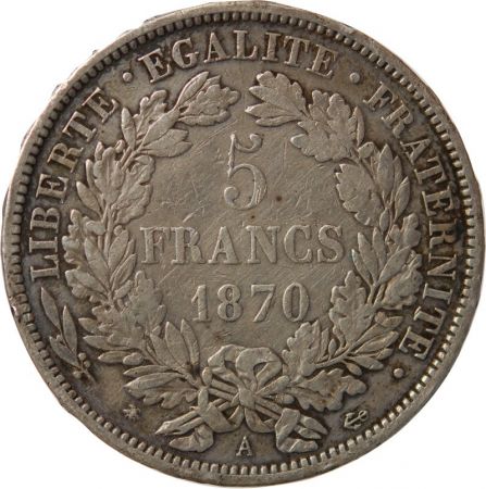 5 FRANCS ARGENT CERES AVEC LEGENDE 1870 A PARIS