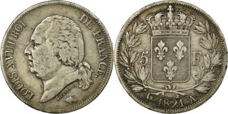 5 Francs Louis XVIII Buste nu - 1821 A Argent - TTB