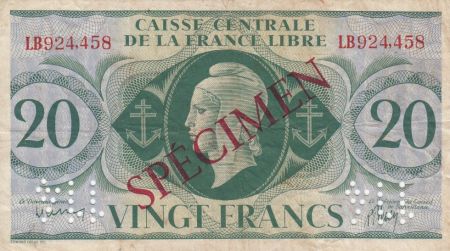 AEF 20 Francs Marianne - France Libre - 1941 Spécimen LB924458