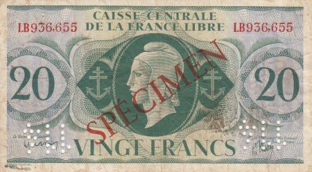 AEF 20 Francs Marianne - France Libre - 1941 Spécimen LB936655