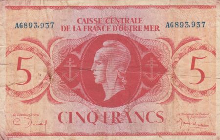 AEF 5 Francs 1944 - France libre, croix de Lorraine - N° de série bleu