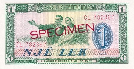 Albanie 1 Lek - Couple de paysans - Forteresse - Spécimen - 1976 - Série CL - P.40s2