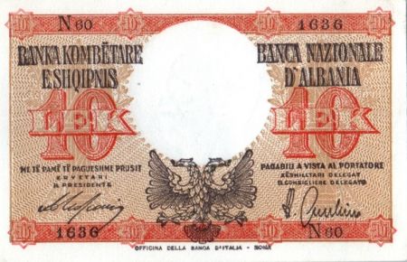 Albanie 10 Lek 1940, Aigle à 2 têtes