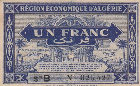 Algérie 1 Franc - 1944 - Série B - Nº 026,527 - Première émission - Figuier