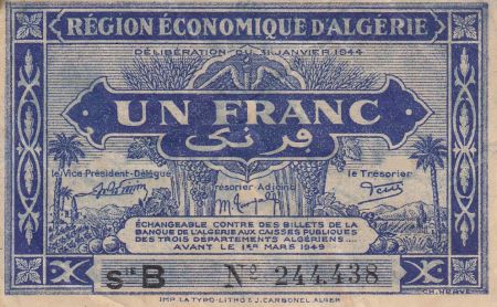 Algérie 1 Franc - 1944 - Série B - Nº 244,438 - Première émission - Figuier