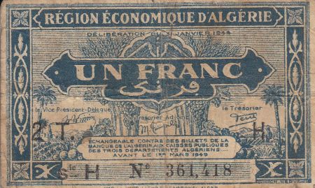 Algérie 1 Franc - 1944 - Série H - Deuxième émission - Figuier