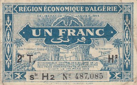 Algérie 1 Franc - Région économique - 31-1-1944 Série H2