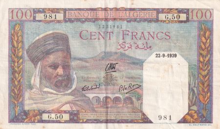 Algérie 100 Francs - Notable Algerien - 22-09-1939 - Série G.50