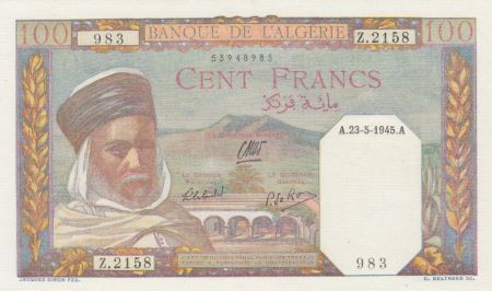 Algérie 100 Francs  Notable Algerien - 1945 - Neuf - P.85 Série Z.2158