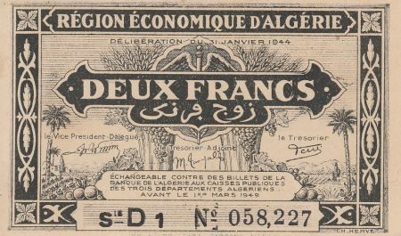 Algérie 2 Francs - 1944 - Série D 1 - Première émission - Figuier
