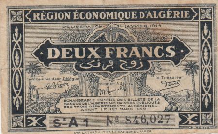 Algérie 2 Francs - Région économique - 31-1-1944 Série A