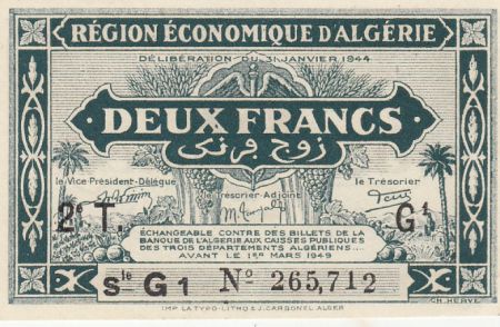 Algérie 2 Francs - Région économique - 31-1-1944 Série G1