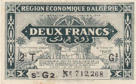 Algérie 2 Francs - Région économique - 31-1-1944 Série G2
