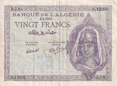 Algérie 20 Francs - Jeune Femme - 02-02-1945- Série S.1266 - P.92b