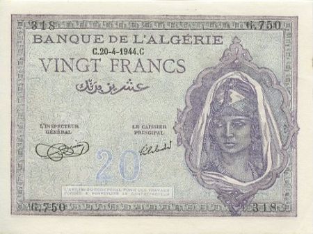 Algérie 20 Francs 20-04-1944 Jeune Femme