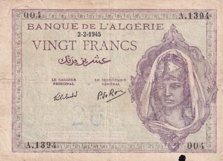 Algérie 20 Francs Jeune Femme - 02-02-1945 - Série A.1394