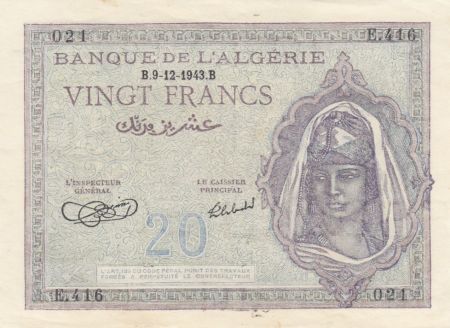 Algérie 20 Francs Jeune Femme - 09-12-1943 - SPL - P.92a - Série E.416