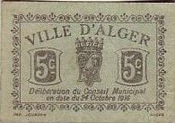 Algérie 5 Centimes - Ville d\'Alger - 1916