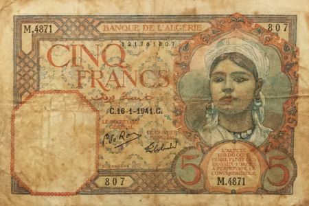 Algérie 5 Francs - Fille au foulard 16-01-1941 -  Série M.4871 - TB