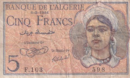 Algérie 5 Francs - Jeune Femme - 08-02-1944  - Série F.103 - P.94a