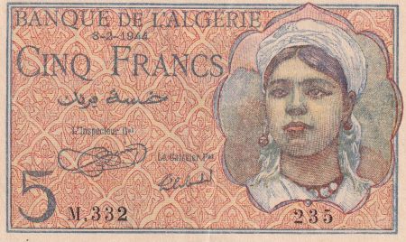 Algérie 5 Francs - Jeune Femme - 08-02-1944 - Série M.332 - P.94a