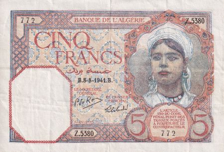 Algérie 5 Francs - Jeune Femme - 08-08-1941 - Série Z.5380 - TTB+ - P.77b
