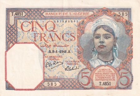 Algérie 5 Francs - Jeune Femme - 09-01-1941 - Série T.4851 - P.77