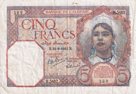 Algérie 5 Francs - Jeune Femme - 19-09-1941 - Série H.5482 - TTB - P.77b