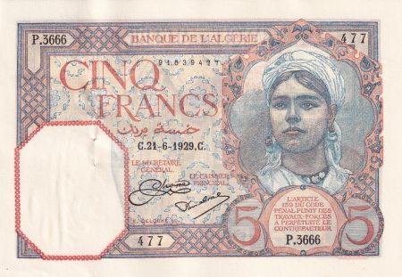 Algérie 5 Francs - Jeune Femme - 21-06-1929 - Série P.3666 - P.77a