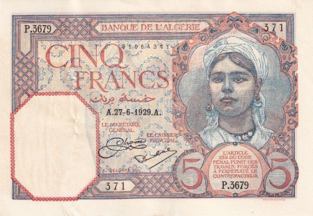 Algérie 5 Francs - Jeune Femme - 27-06-1929 - Série P.3679 - P.77a