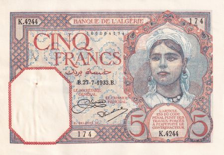 Algérie 5 Francs - Jeune Femme - 27-07-1933 - Série K.4244 - P.77a