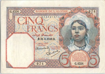 Algérie 5 Francs  Fillette - 1939