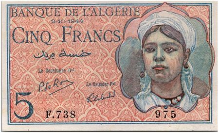 Algérie 5 Francs 02-10-1944 -  jeune femme - Série F.738