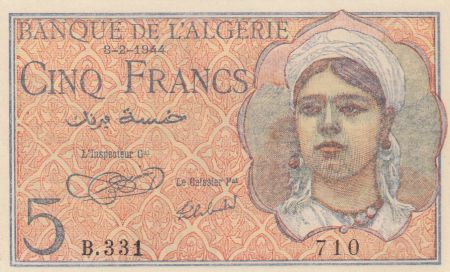 Algérie 5 Francs 08-02-1944 -  jeune femme - Série B.331