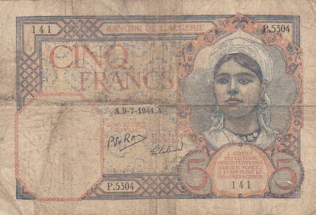 Algérie 5 Francs 1941 - Femme, vue du port d\'Alger, barques