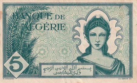 Algérie 5 Francs Femme et épis - 16-11-1942 - Série A.639