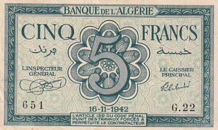 Algérie 5 Francs Femme et épis - 16-11-1942 - Série G.22