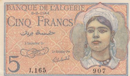 Algérie 5 Francs Jeune Femme - 08-02-1944 Série J.165