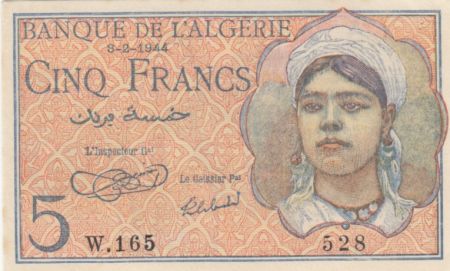 Algérie 5 Francs Jeune Femme - 08-02-1944 Série W.165