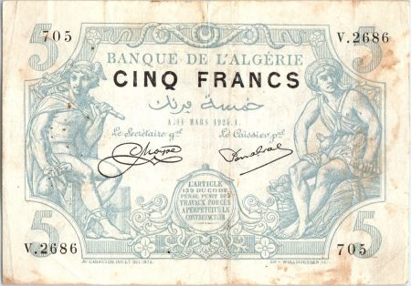 Algérie 5 Francs Mercure et Moissonneur - 1924