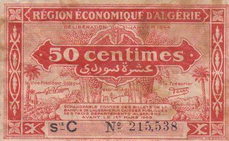 Algérie 50 Centimes - 1944 - Série C - Nº 215,538 - Première émission - Figuier