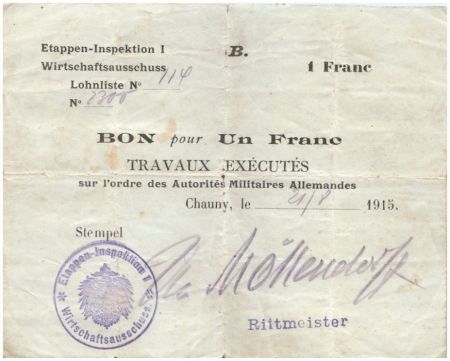 Allemagne 1 Franc Bon - 1 er Armée Allemande - 1915 Série B