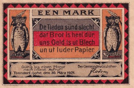 Allemagne 1 Mark - Tonndorf-Lohe - Notgeld - 1921
