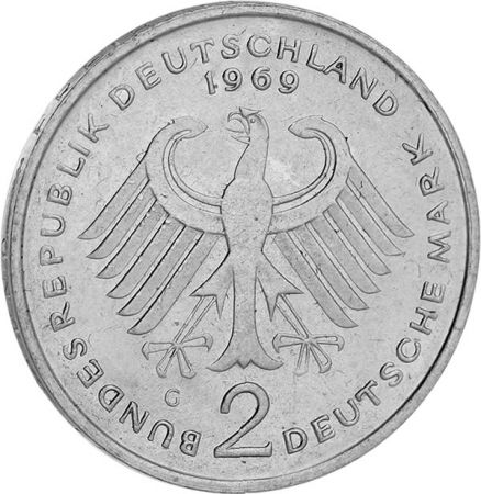 Allemagne 2 Deutsche Mark - Konrad Adenauer - Allemagne 1969 à 1987