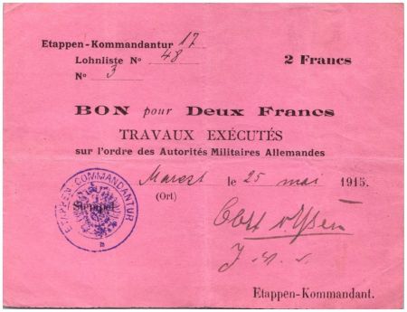 Allemagne 2 Francs Bon - Quartier général Allemand - 25-05-1915