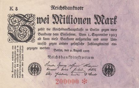 Allemagne 2 Millionen Mark - Blanc & Rose - 1923 - Numéro 200 000 - SUP - P.103