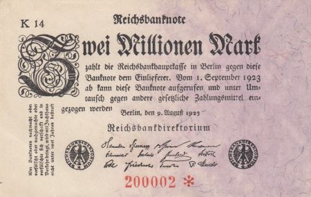 Allemagne 2 Millionen Mark - Blanc & Rose - 1923 - Numéro 200 002 - Numéro Radar