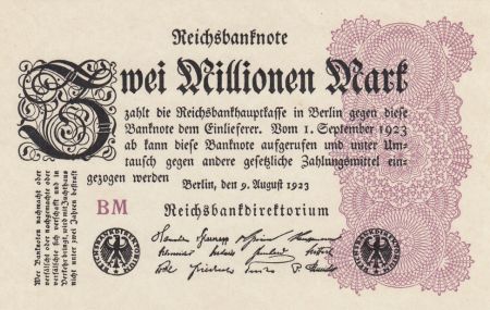 Allemagne 2 Millionen Mark  Noir et Lilas - 09-08-1923 Série BM