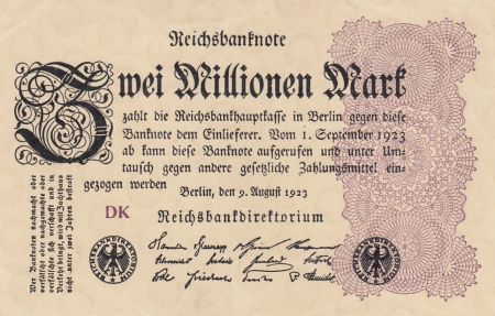 Allemagne 2 Millionen Mark  Noir et Lilas - 09-08-1923 Série DK
