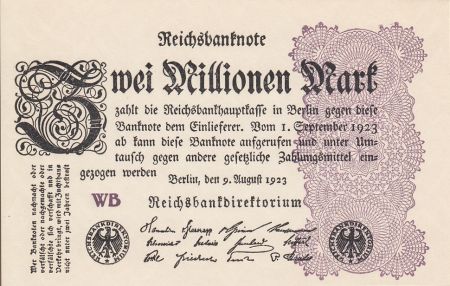 Allemagne 2 Millionen Mark  Noir et Lilas - 09-08-1923 Série WB